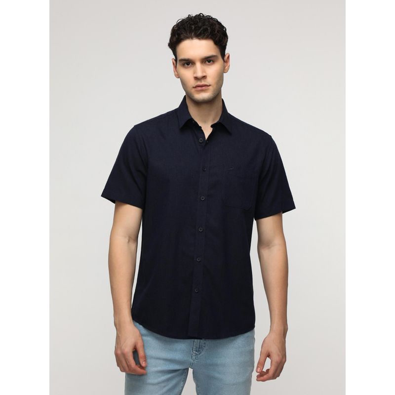 Crocodile Deep Navy Blue Linen Blend Plain Shirt (46)