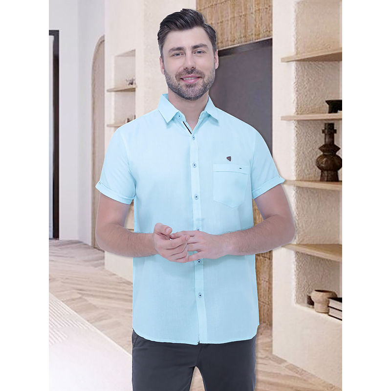 KUONS AVENUE Mens Linen Blend Half Sleeve Casual Shirt Blue (2XL)