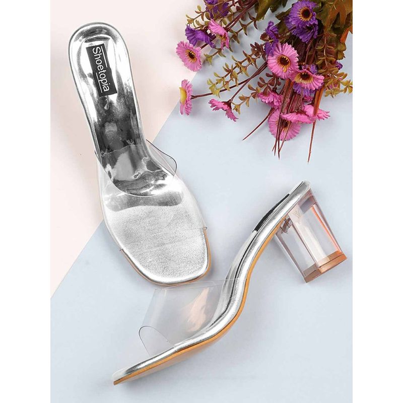 Shoetopia Silver-Toned and Transparent Block Sandals (EURO 38)