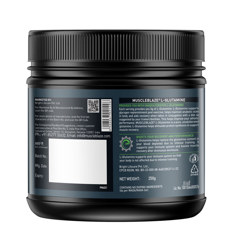 MuscleBlaze L- Glutamine, Post Workout Recovery, 5 g Glutamine, Unflavoured