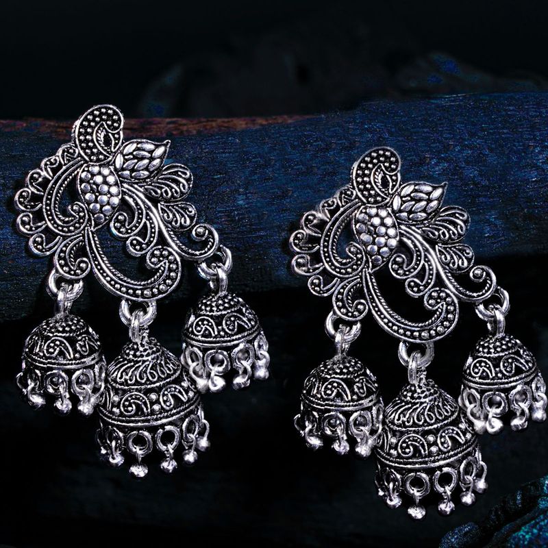 Asmitta Peacock Inspired Oxidised German Silver Jhumka Jhumki Earrings