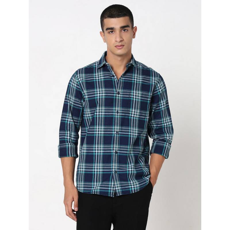 R&B Navy Blue Checks Regular Men Shirt (M)