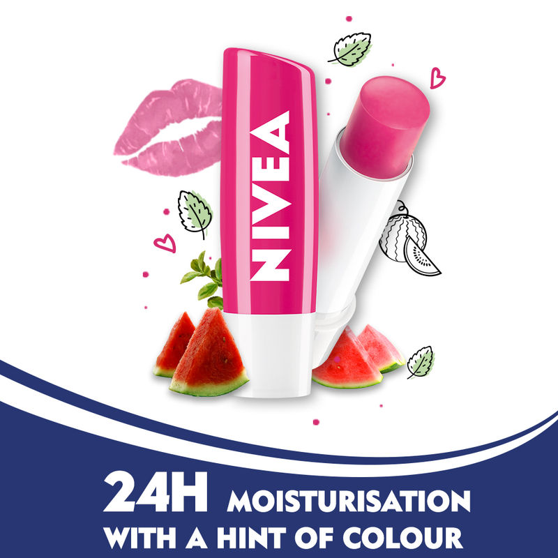 NIVEA Lip Balm, Watermelon Shine, 24h Moisture with Natural Oils, Pink Shine & Watermelon Aroma