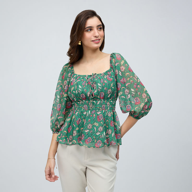 Twenty Dresses by Nykaa Fashion Green Floral Square Neck Puff Sleeves Peplum Top (M)