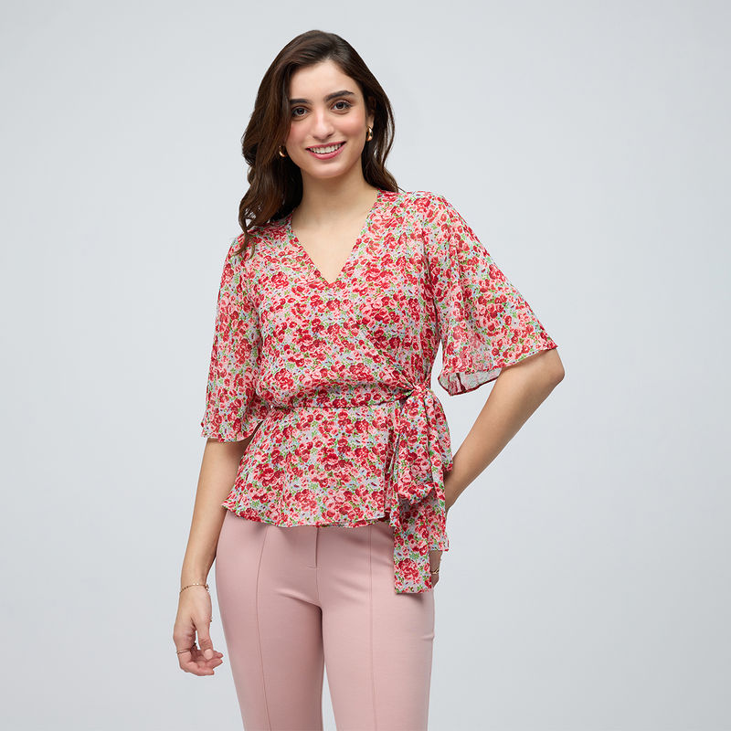 Twenty Dresses by Nykaa Fashion Red Floral Print Flutter Sleeves Wrap Top (XS)
