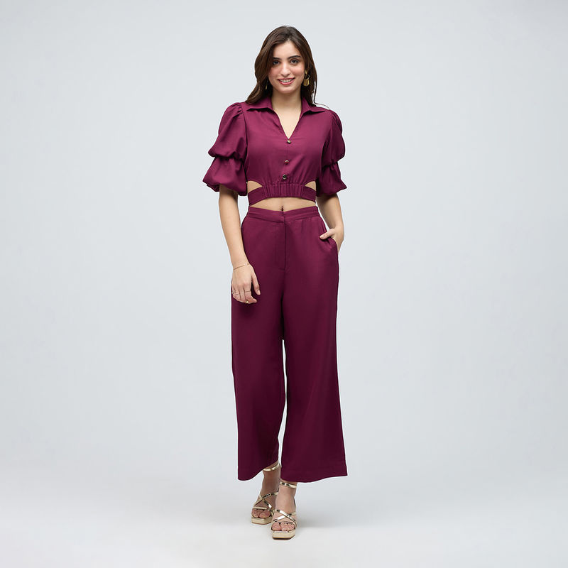 Twenty Dresses by Nykaa Fashion Wine Solid Crop Puff Sleeves Pants Co Ord (Set of 2) (XS)