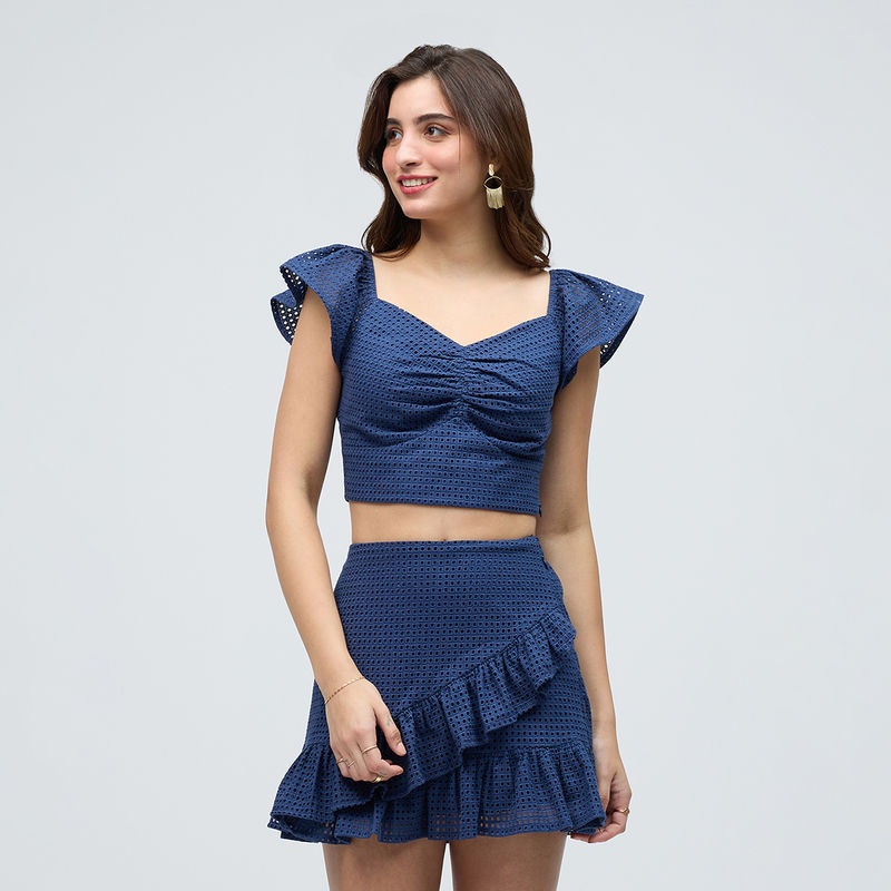 Twenty Dresses by Nykaa Fashion Navy Blue Self Design Ruffle Skirt Co Ord (Set of 2) (XS)