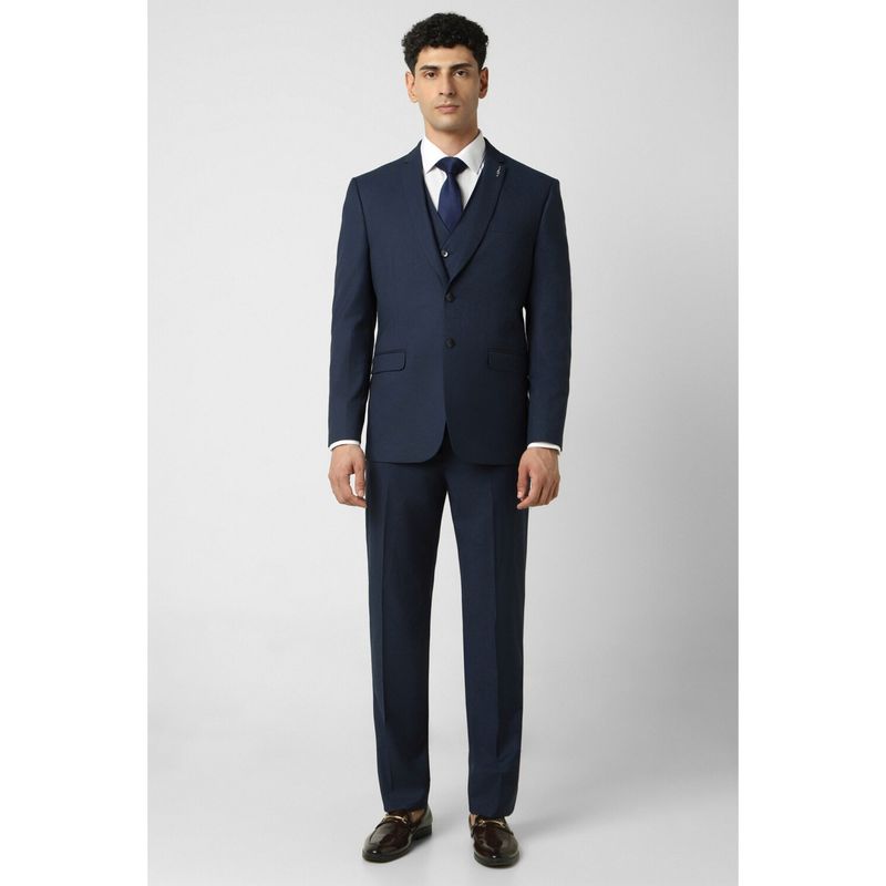 Van Heusen Men Navy Textured Slim Fit Wedding Blazer Trouser & Waist Coat (Set of 3) (40)