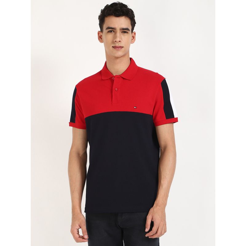 Tommy Hilfiger Navy Blue Colorblock Half Sleeves Polo T-Shirt (L)
