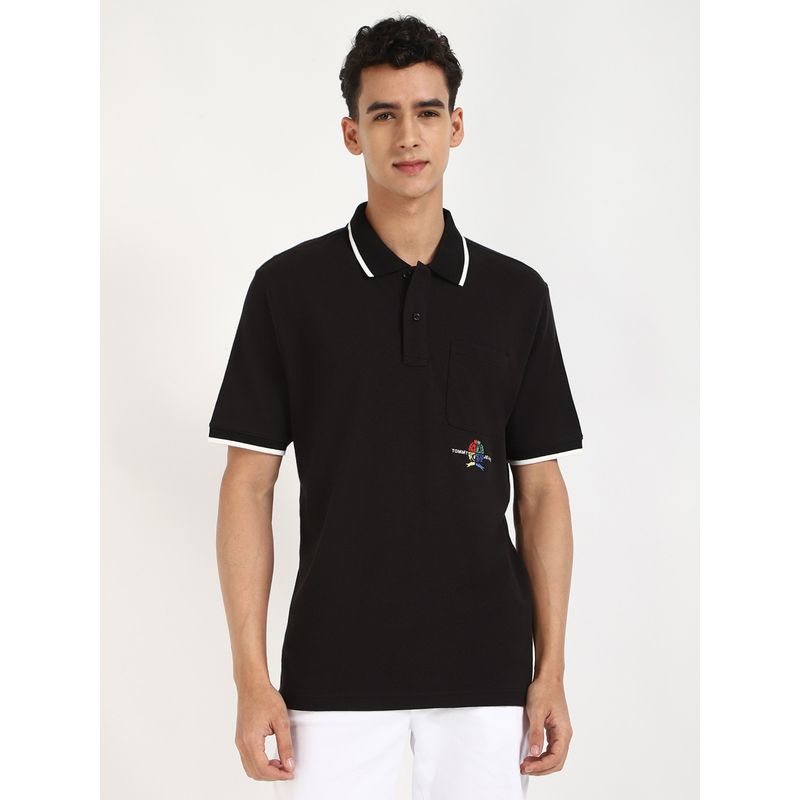 Tommy Hilfiger Black Printed Half Sleeves Polo T-Shirt (L)