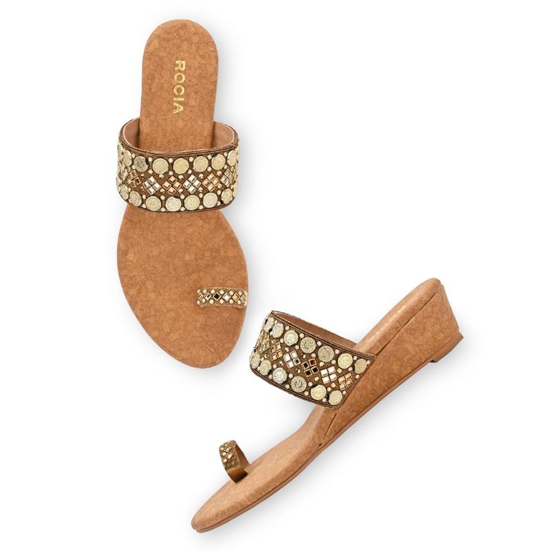 ROCIA By Regal Antique Gold Women Hand Embroidered Ethnic Wedges (EURO 37)