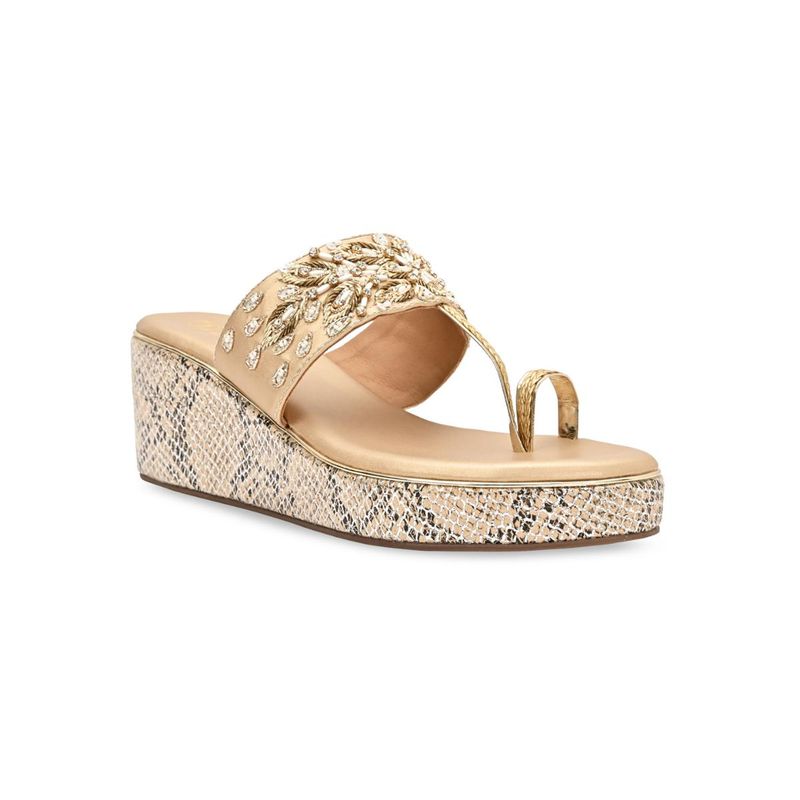 ROCIA By Regal Rose Gold Women Hand Embroidered High Wedges (EURO 36)