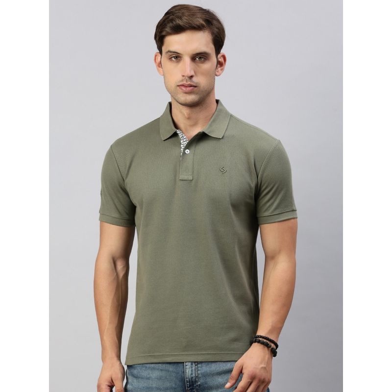 Classic Polo Men's Half Sleeve Olive Green Polo Neck Cotton Slim Fit T-Shirt (M)