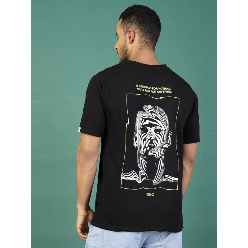 RIGO Men Black Jersey Oversized Printed Half Sleeves T-Shirt (L)