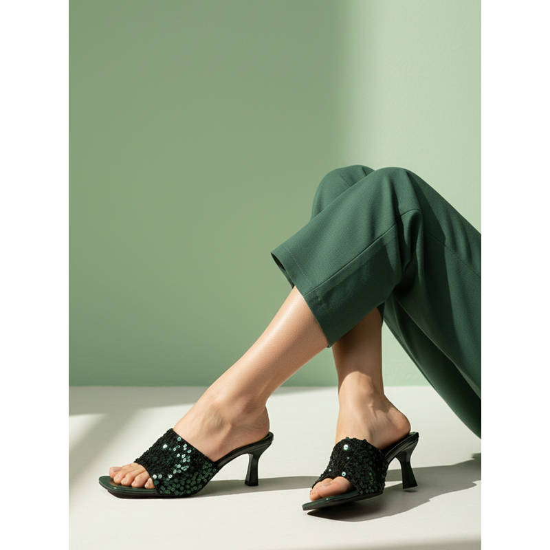 ELLE Women Green Sequin-Embellished Square-Toe Stilettos Heels (EURO 36)