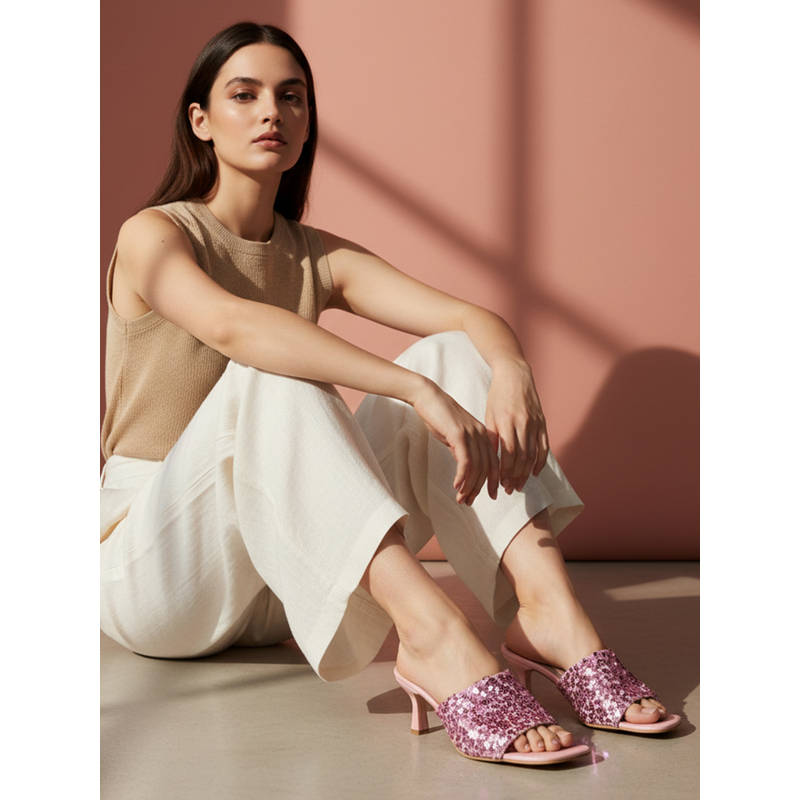 ELLE Women Pink Sequin-Embellished Square-Toe Stilettos Heels (EURO 36)
