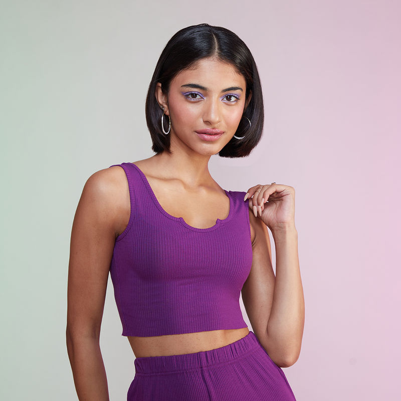 MIXT by Nykaa Fashion Purple Solid Sleeveless Crop Tank Top (XXS)