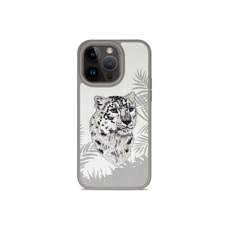 Treemoda Snow Leopard Embroidered Leather Back Case (iPhone 15 Pro)