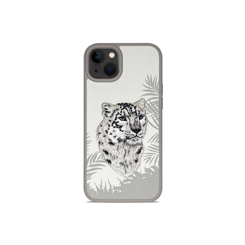 Treemoda Snow Leopard Embroidered Leather Back Case (iPhone 15)