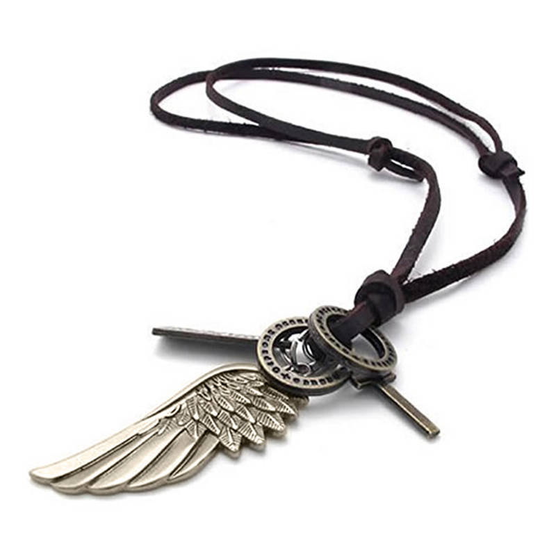 Vintage Cross Angel Wings Dog Tag Pendant Necklace With Leather Cord – Unisex