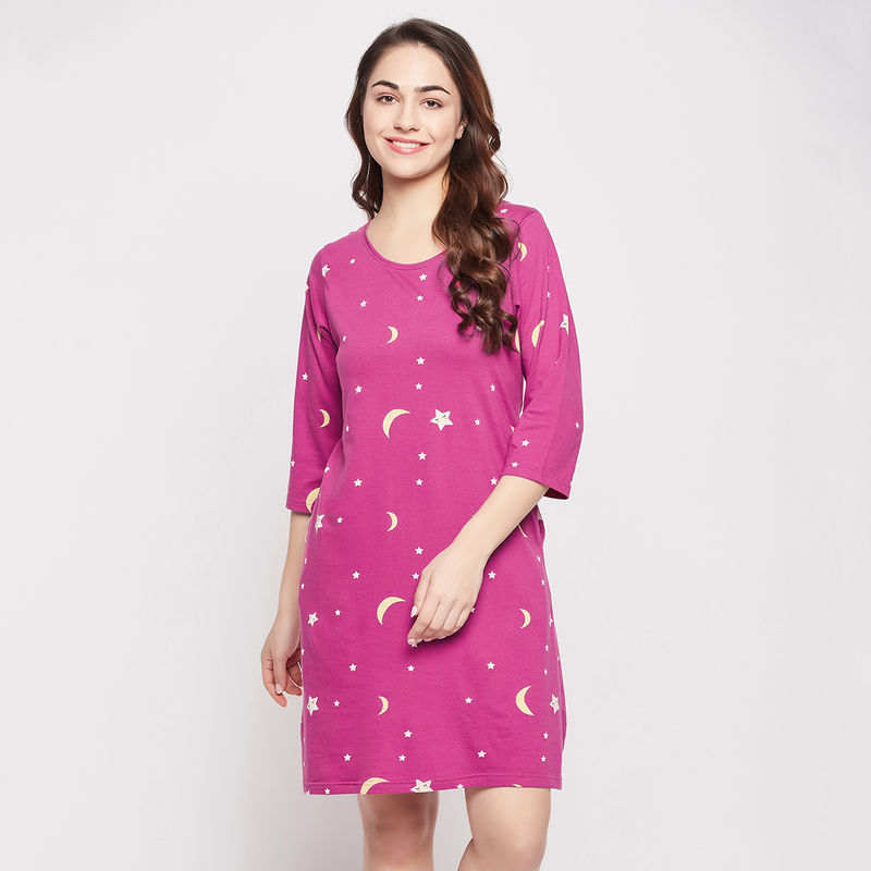 Clovia Pretty Printed Short Night Dress - 100 Percent Cotton -Purple (S)