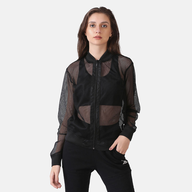 Aesthetic Bodies Womens Mesh Zipper Jacket-Black (L)