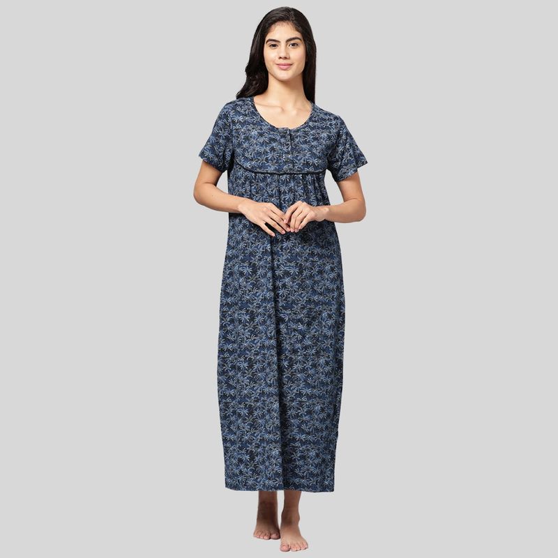 Kryptic Womens Blue All Over Printed Pure Cotton Maxi Nightdress (M)