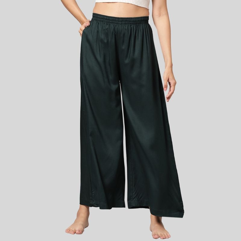 Kryptic Womens Bottle Green Solid Viscose Light Weight Flared Lounge Pant (S)