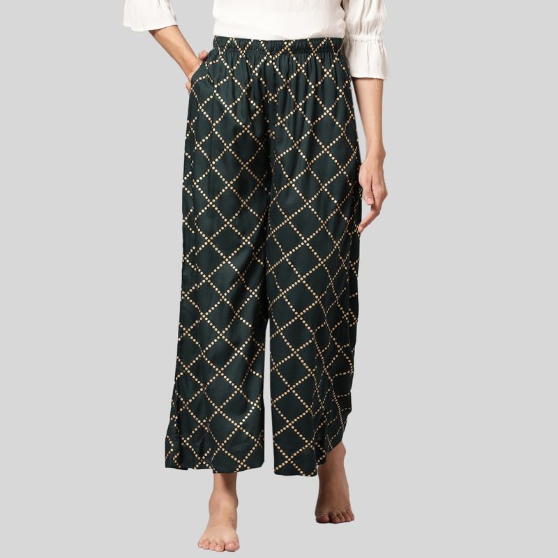Kryptic Womens Bottle Green Printed Viscose Light Weight Flared Lounge Pant (S)