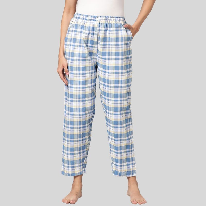 Kryptic Womens Blue 100 Percent Cotton Woven Checked Regular Fit Pyjama (M)