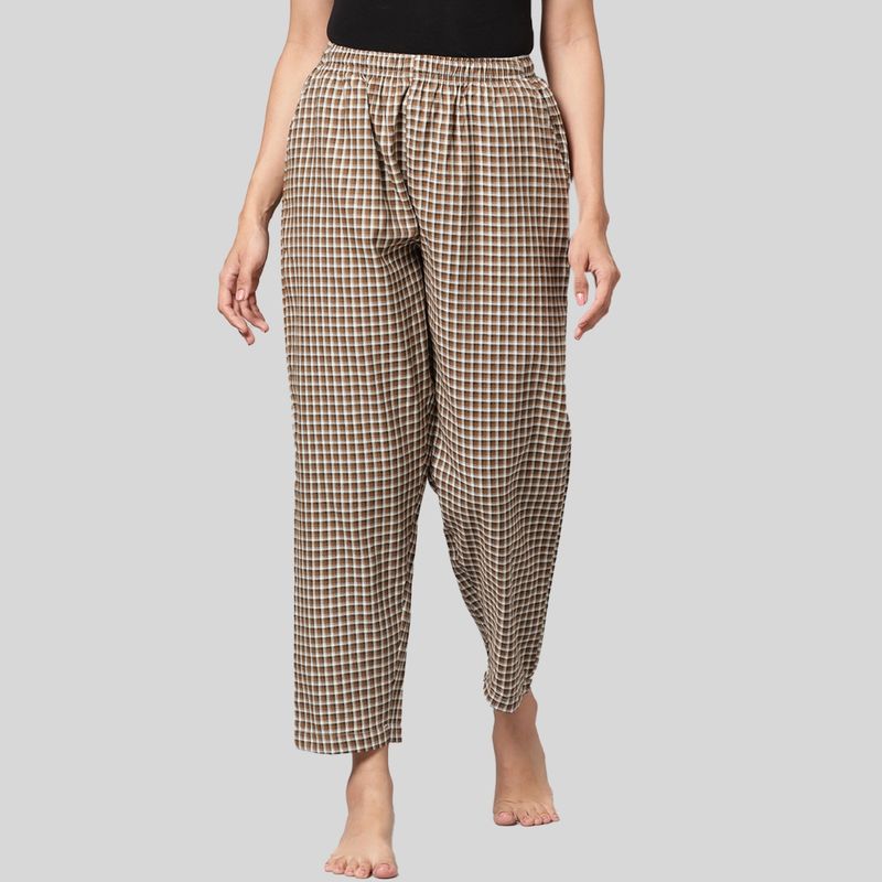 Kryptic Womens Brown 100 Percent Cotton Woven Checked Regular Fit Pyjama (M)