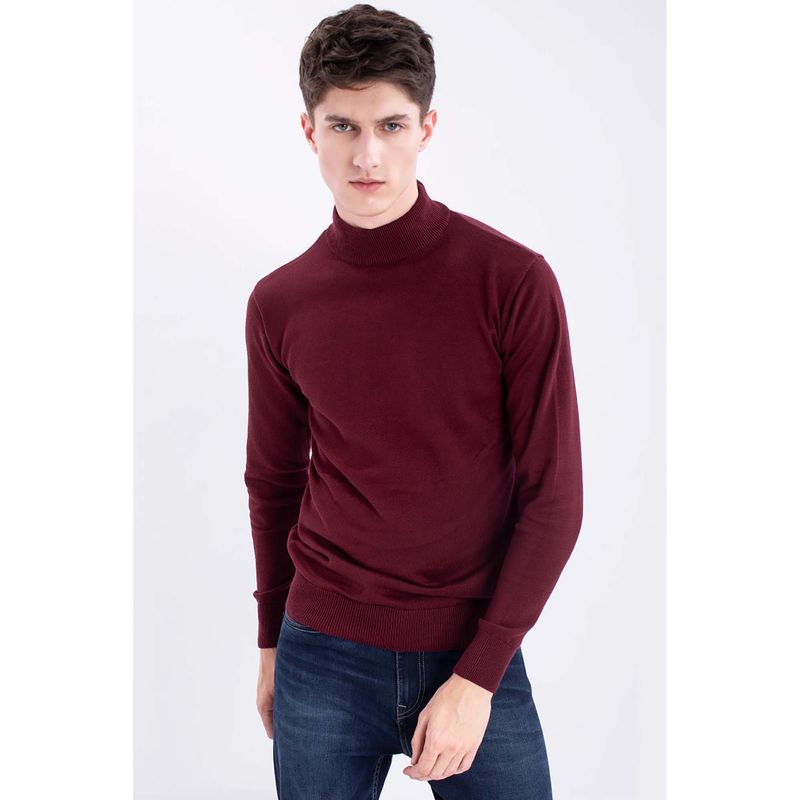 Snitch Maroon Solid Rib-Knit Turtle Neck Sweater (S)