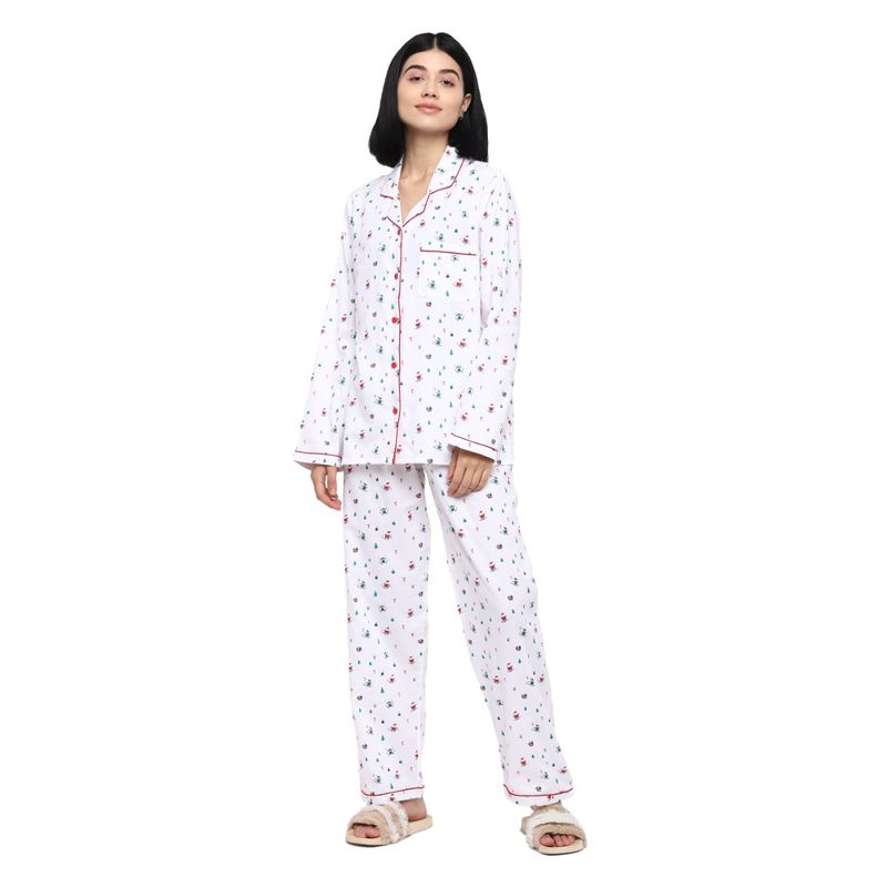 Shopbloom Premium Cotton White Print Long Sleeve Women's Night Suit |Lounge Wear - White (L)