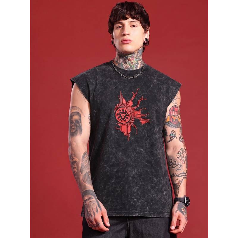 RHINO CULT Grey Cotton Printed Sleeveless T-Shirt (S)