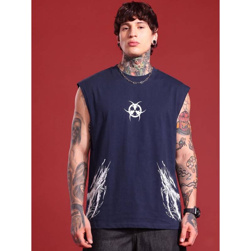 RHINO CULT Navy Blue Cotton Printed Sleeveless T-Shirt (XL)