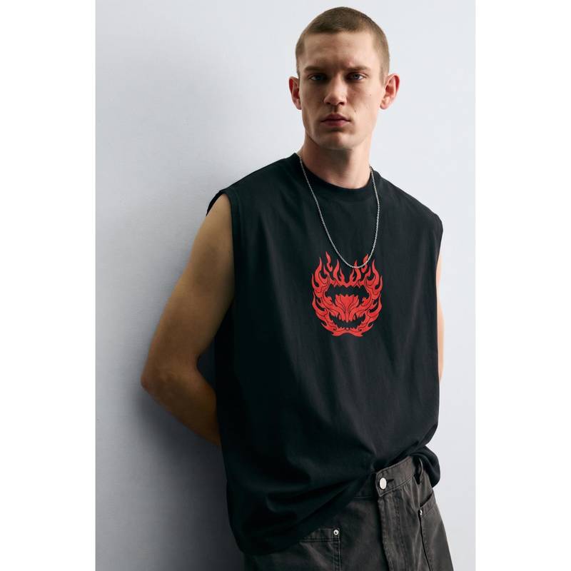 RHINO CULT Men Black Cotton Printed Sleeveless T-Shirt (M)