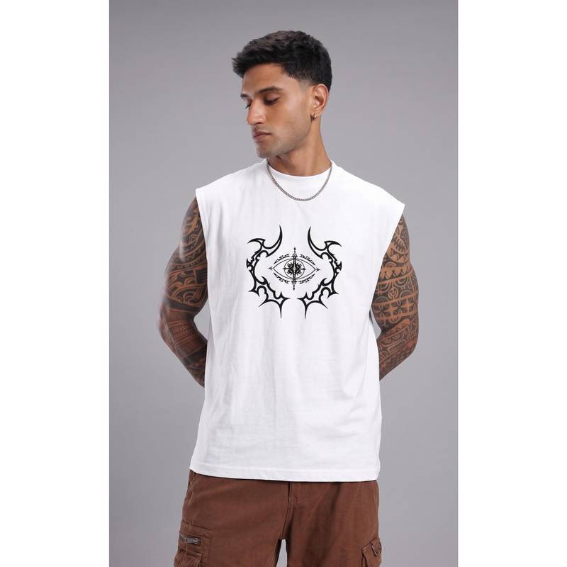 RHINO CULT Men White Cotton Printed Sleeveless T-Shirt (L)