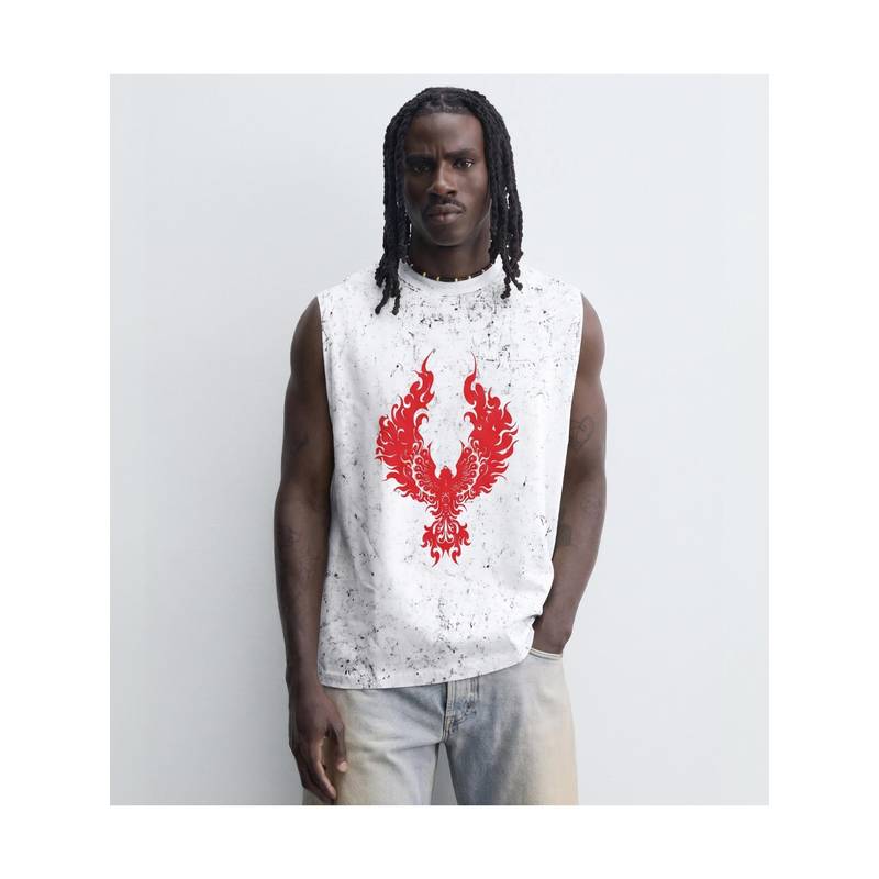 RHINO CULT Off White Cotton Printed Sleeveless T-Shirt (L)