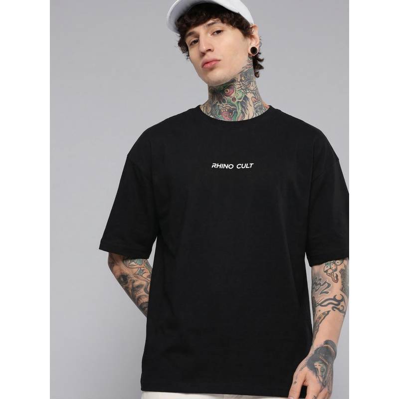 RHINO CULT Mens Black Cotton Printed Oversized T-Shirt (M)