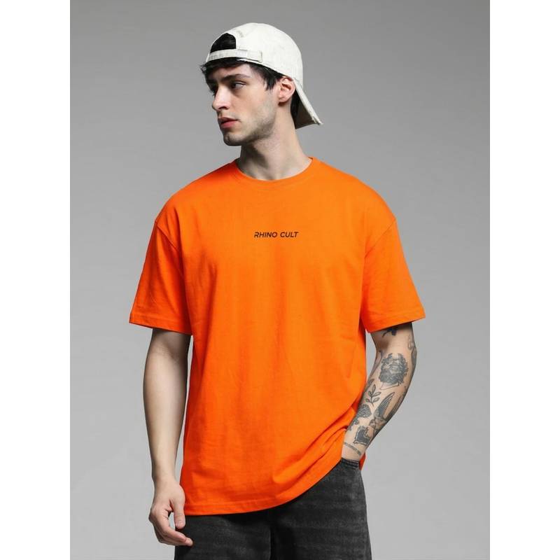 RHINO CULT Mens Orange Cotton Printed T-Shirt (L)