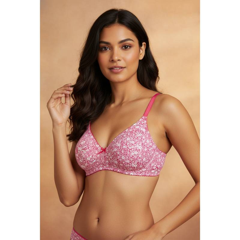 Zivame Rosaline Soft Cotton Side Panel Lace Bra - Pink N Print (32B)