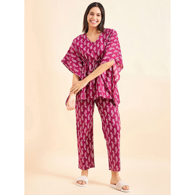 Sweet Dreams Wine Women Printed Kaftan with Pyjama (Set of 2) (XL)