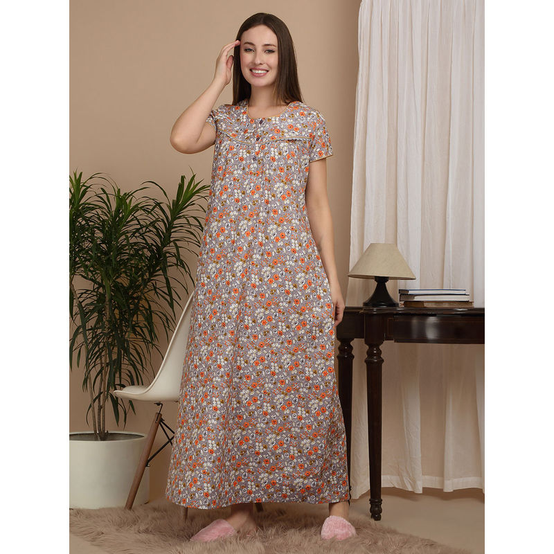 Sweet Dreams Beige Women Floral Print Full Length Night Dress (L)