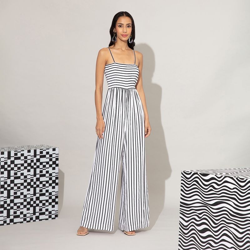 Black and white striped wide leg jumpsuit new arrivals