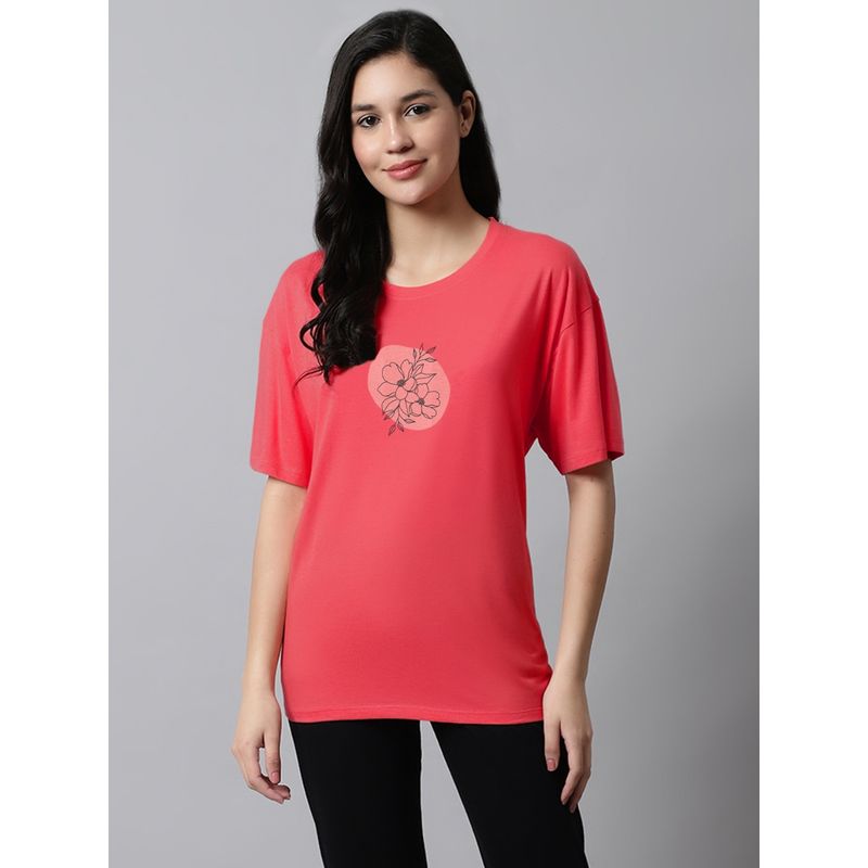 Kanvin Red Floral Printed Drop-Shoulder Sleeves Oversized T-shirt (M)