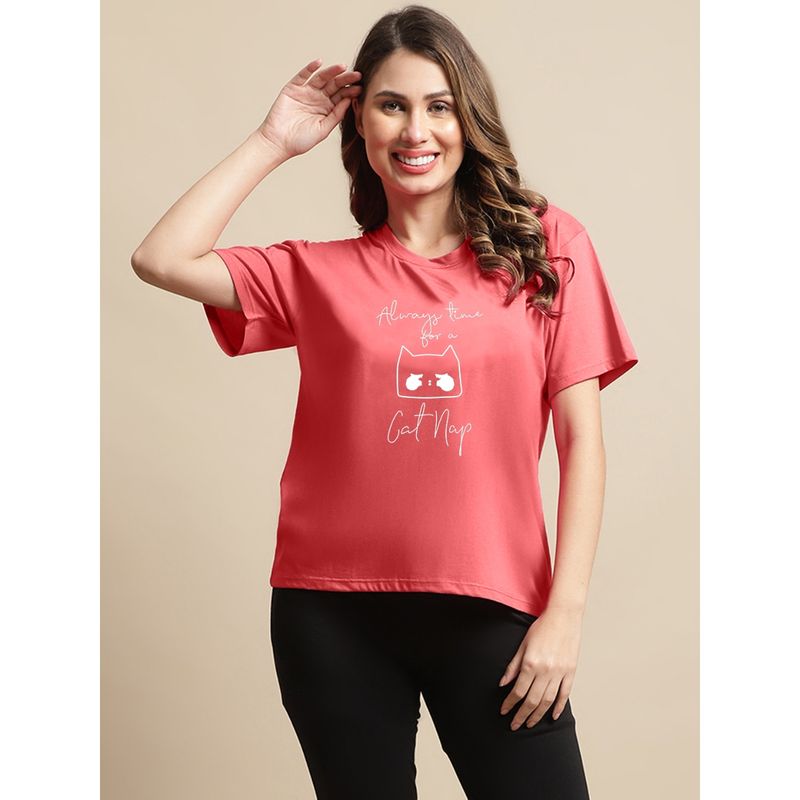 Kanvin Pink Women Typography Printed Loose T-shirt (XL)