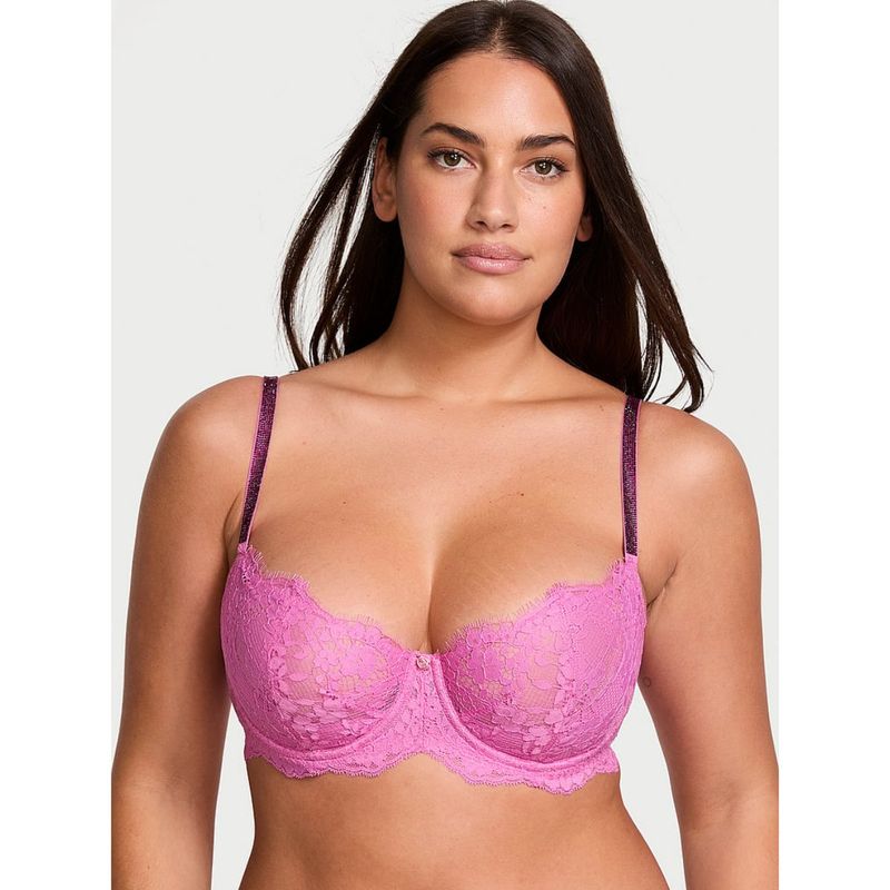 Victoria's Secret Dream Angels Wicked Twinkle Strap Unlined Lace Balconette Bra Pink (32B)