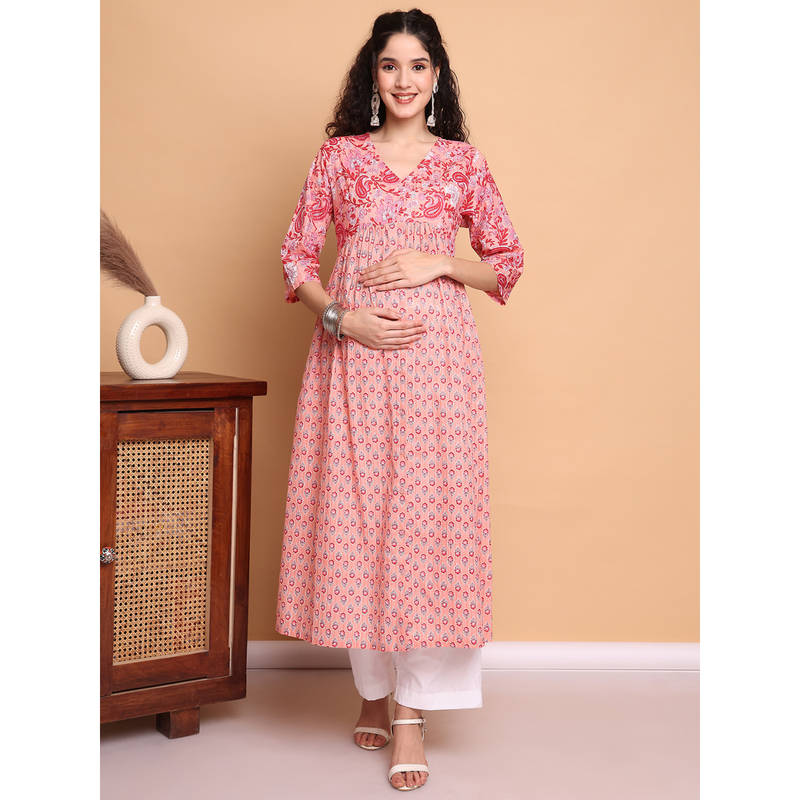 Secret Wish Peach Floral Cotton Lurex Maternity Kurta & Pant (Set of 2) (M)