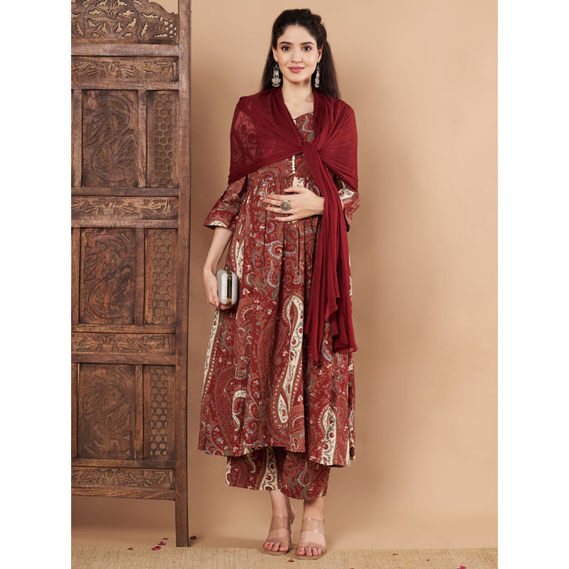 Secret Wish Maroon Paisley Cotton Maternity Kurta Pant and Dupatta (Set of 3) (M)