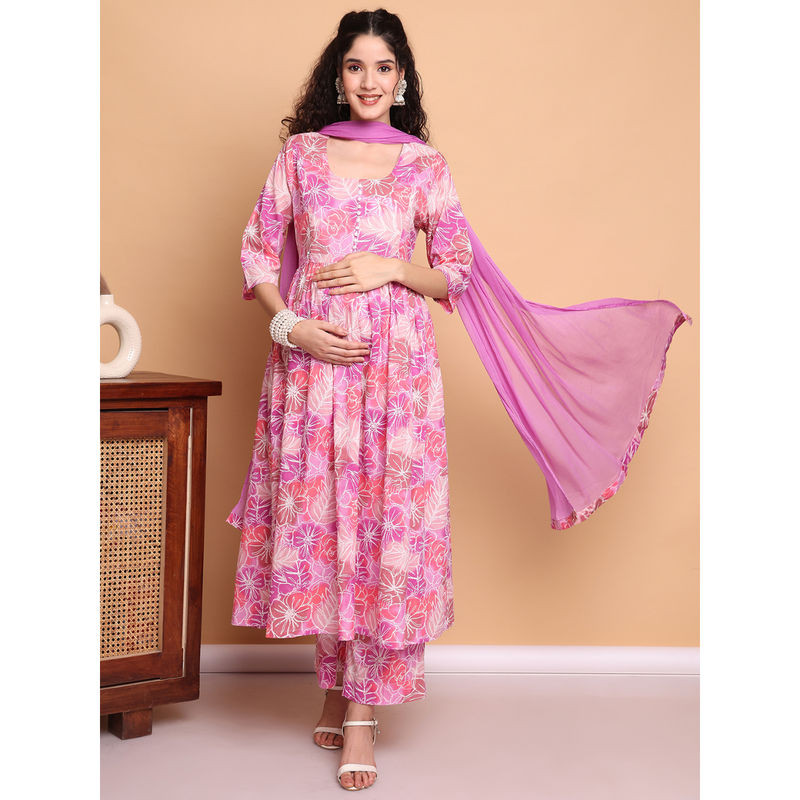 Secret Wish Pink Floral Cotton Maternity Kurta Pant and Dupatta (Set of 3) (L)